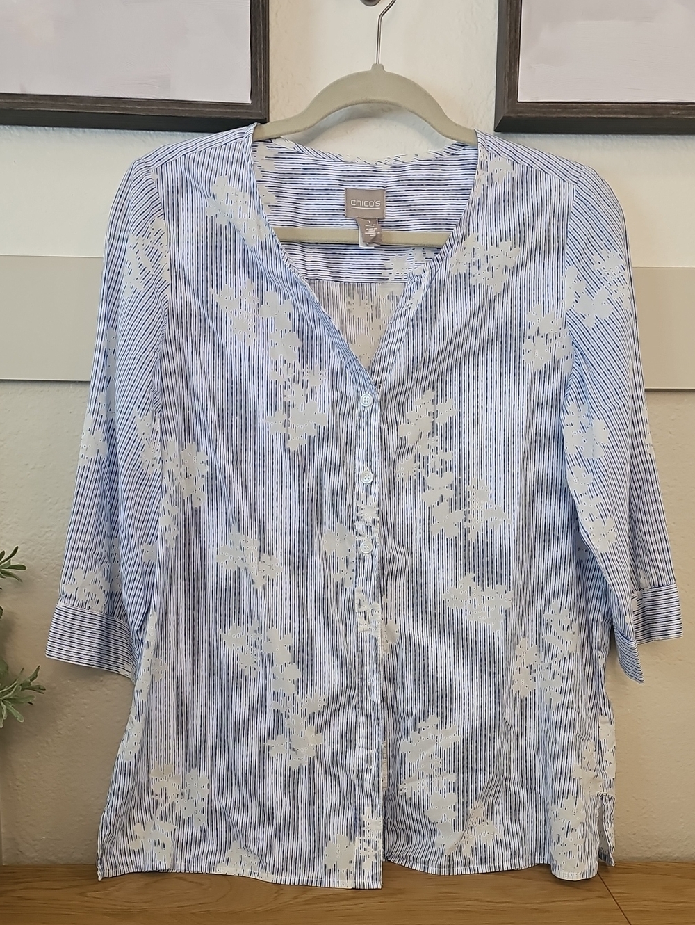 Chico's Light Blue & White Striped Floral Button-Down Top